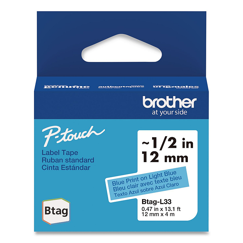 Brother Genuine P-Touch BTAG Label Tapes, 0.47" x 13.1 ft, Blue on Light Blue (BTAGL33)
