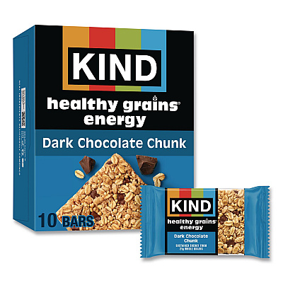 KIND Healthy Grains Energy Dark Chocolate Chunk Bars, 1.4 oz Bar, 10/Box (67074)