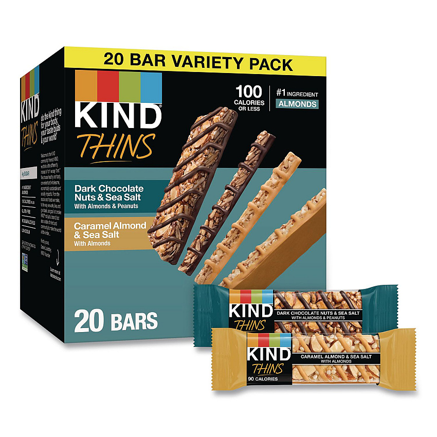 KIND Thins Dark Chocolate Nuts and Sea Salt/Caramel Almond and Sea Salt Variety Pack, 0.74 oz Bar, 20/Box (41888)