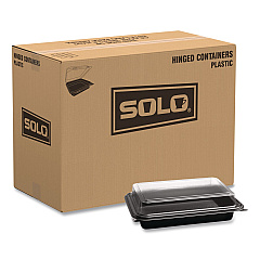 SOLO Creative Carryouts Hinged Plastic Hot Deli Boxes, 8.75 x 6.2 x 2.2, Black/Clear, 200/Carton (844012PM94)