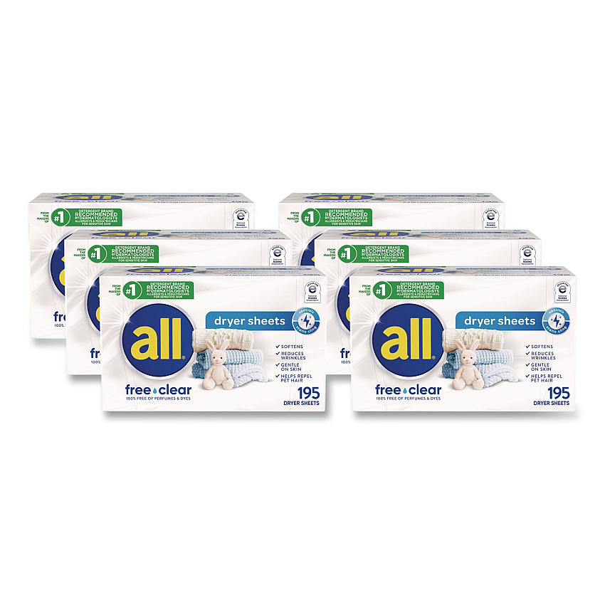 All Free Clear Dryer Sheets, Fragrance Free, 195 Sheets/Packs, 6 Packs/Carton (47362)