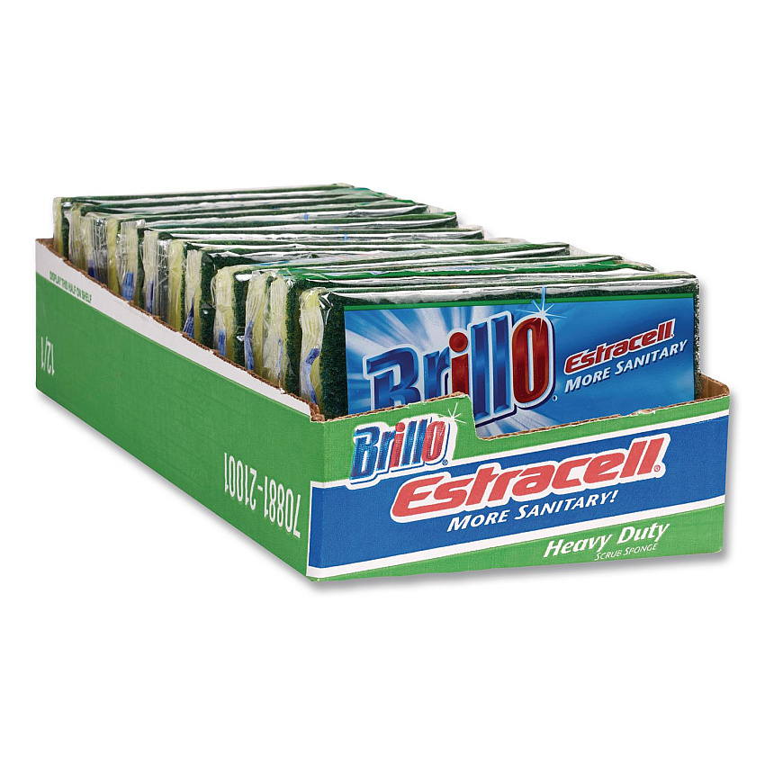 Brillo Estracell Heavy Duty Scrub Sponge, 4.9 x 2.9, 0.8" Thick, Yellow/Green, 12/Carton (21001)