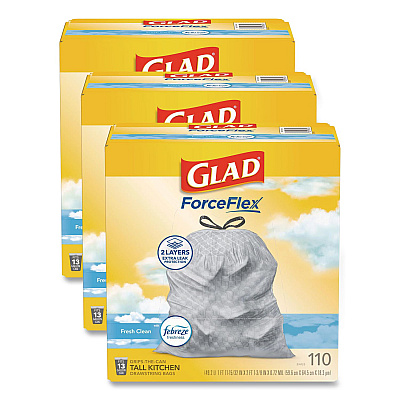 Glad ForceFlex Tall Kitchen Drawstring Trash Bags, Drawstring, 13 gal, Fresh Clean Scent, 10.19 x 9.81, Gray, 110/Roll, 3/Carton (78563CT)