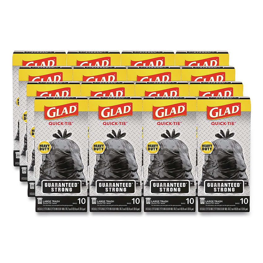 Glad Large Quick-Tie Trash Bags, Tie-Flap, 30 gal, 0.81 mil, 30 x 33, Black, 10 Bags/Box, 12 Boxes/Carton (00079CT)
