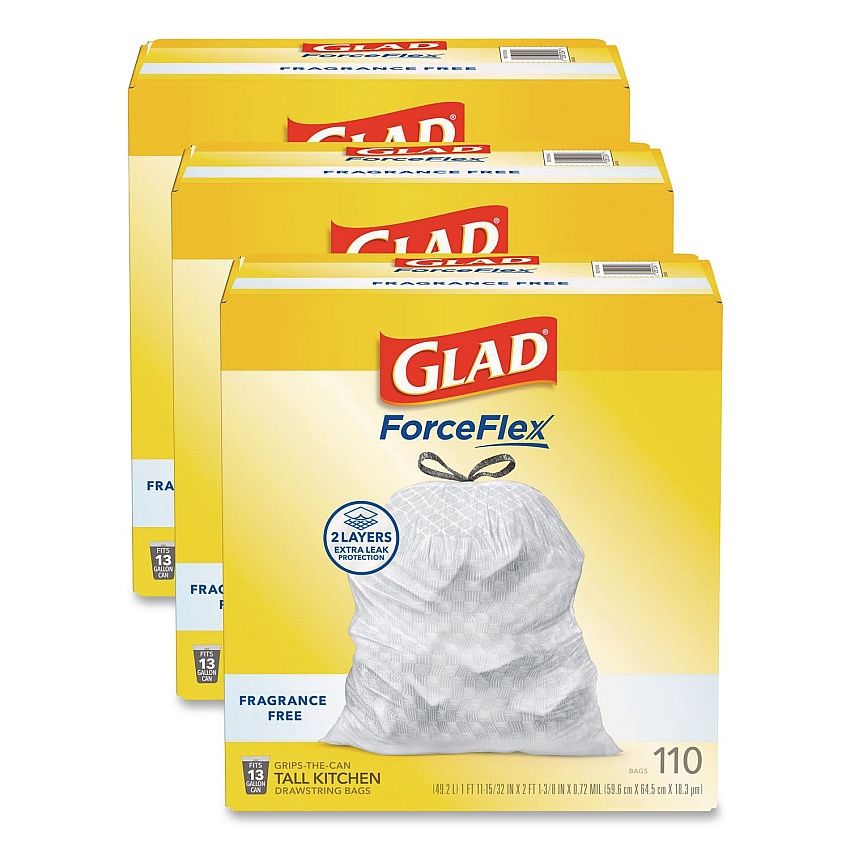 Glad ForceFlex Kitchen Drawstring Trash Bags, Drawstring, 13 gal, Unscented, 23.47 x 25.38, White, 110 Bags/Box, 3 Boxes/Carton (22541CT)