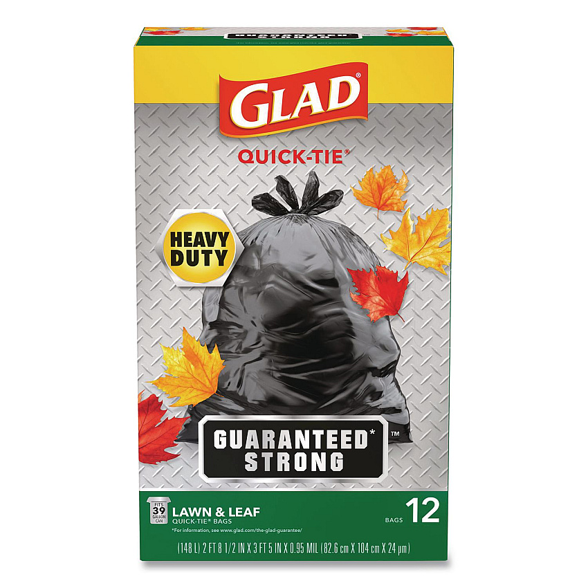 Glad Large Quick-Tie Trash Bags, Lawn and Leaf, 39 gal, 0.95 mil, 32.5 x 41, Black, 12 Bags/Box (70028EA)