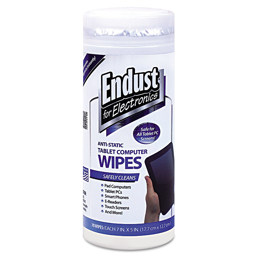 Endust for Electronics Tablet and Laptop Cleaning Wipes, 5 x 7, Unscented, White, 70/Tub (12596)