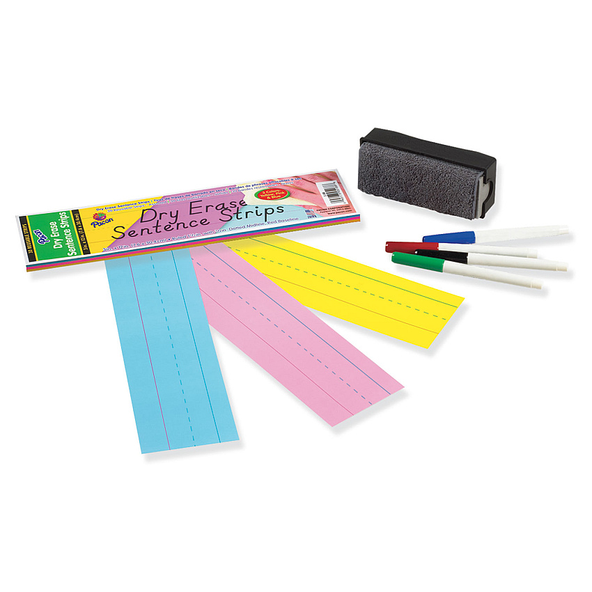 Pacon Dry Erase Sentence Strips, 12 x 3, Blue; Pink; Yellow, 30/Pack (5188)