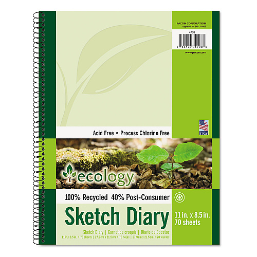 Pacon Ecology Sketch Diary, Green Cover, 11 x 8.5, 60 lb Text Paper Stock, 70 Sheets (4798)