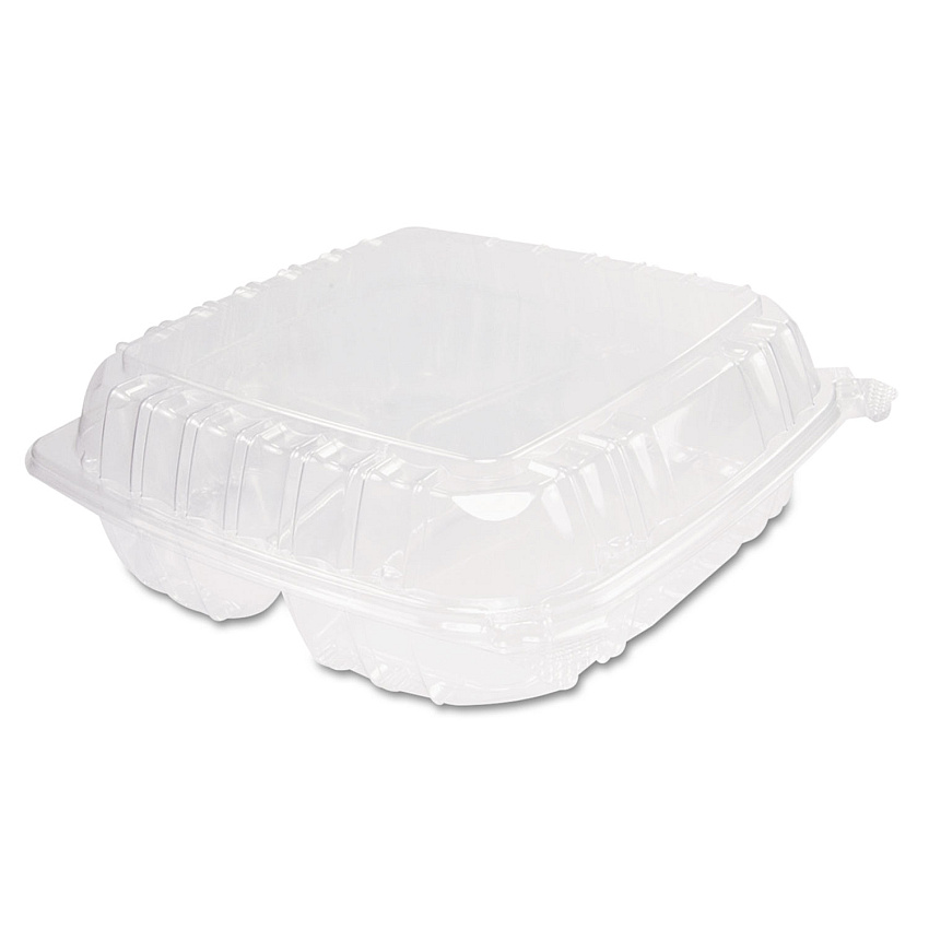 Dart ClearSeal Hinged-Lid Plastic Containers, 3-Compartment, 9.5 x 9 x 3, 100/Bag, 2 Bags/Carton (C95PST3)