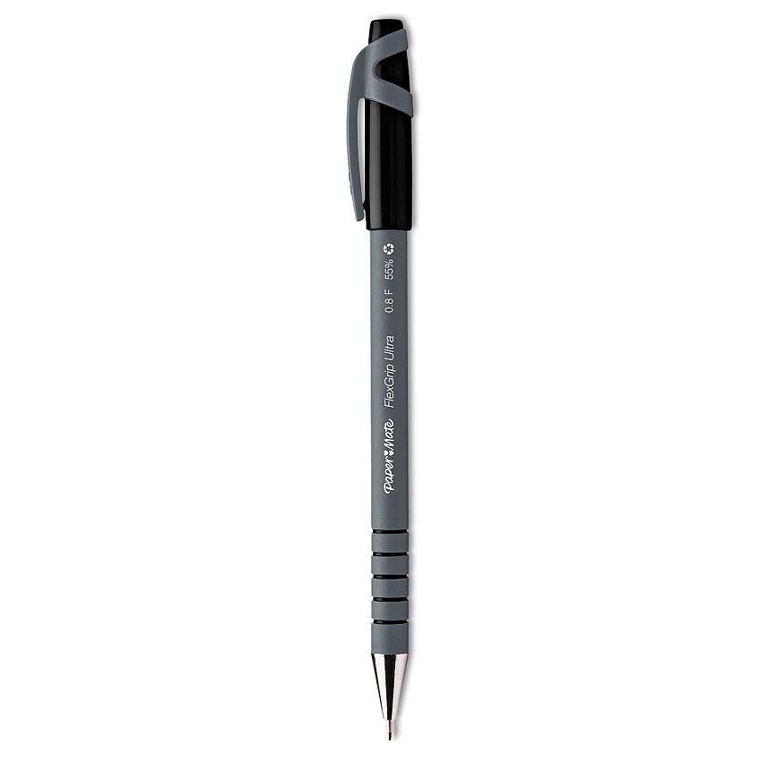 Paper Mate FlexGrip Ultra Ballpoint Pen, Stick, Fine 0.8 mm, Black Ink, Gray Barrel, Dozen (9680131)