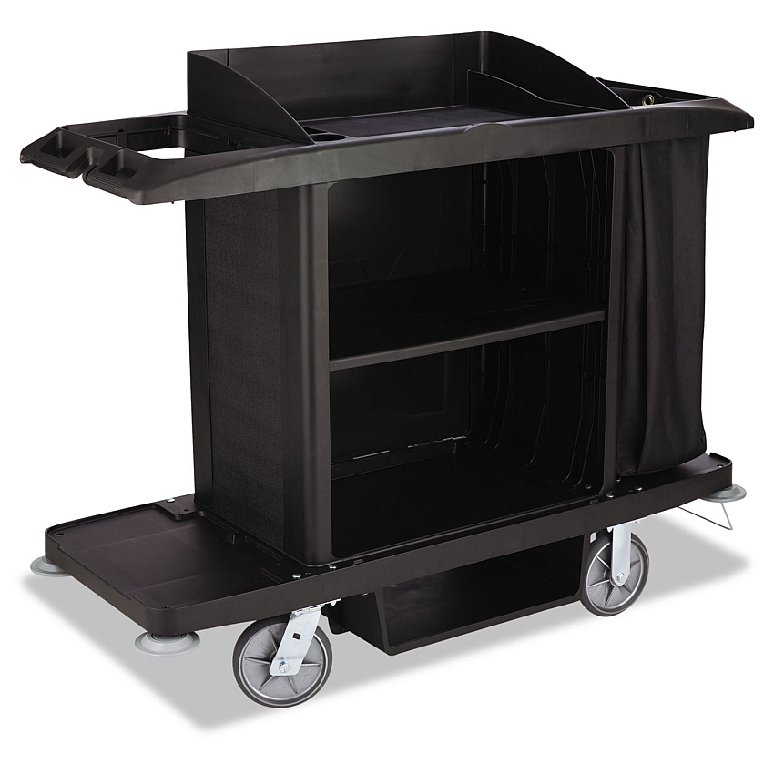 Rubbermaid Commercial Housekeeping Cart, Plastic, 3 Shelves, 2 Bins, 22" x 60" x 50", Black (FG618900BLA)