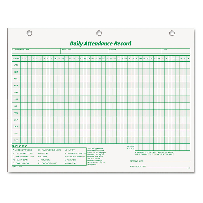 TOPS Daily Attendance Card, 8.5 x 11, 1/Page, 50 Forms (3284)