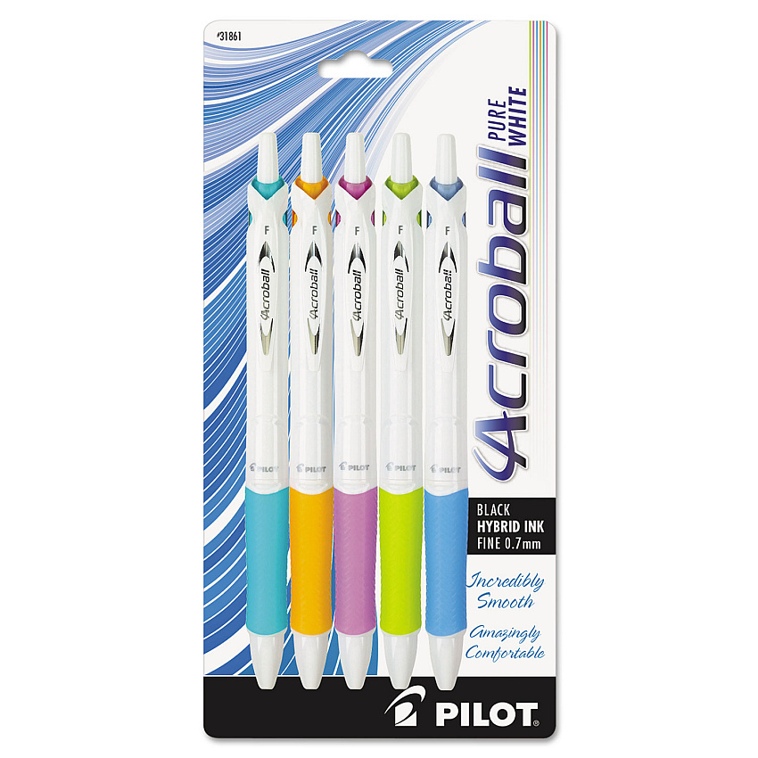 Pilot Acroball PureWhite Advanced Ink Ballpoint Pen, Retractable, Fine 0.7 mm, Black Ink, Assorted Barrel Colors, 5/Pack (31861)