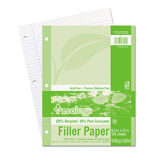 Pacon Ecology Filler Paper, 3-Hole, 8.5 x 11, Medium/College Rule, 150/Pack (3202)