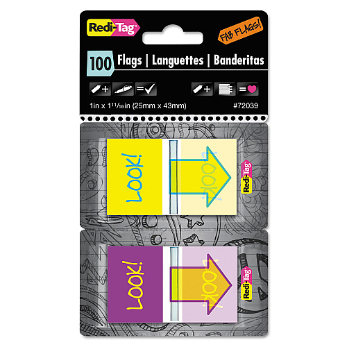 Redi-Tag Pop-Up Fab Page Flags w/Dispenser, "Look!", Purple/Yellow; Yellow/Teal, 100/Pack (72039)