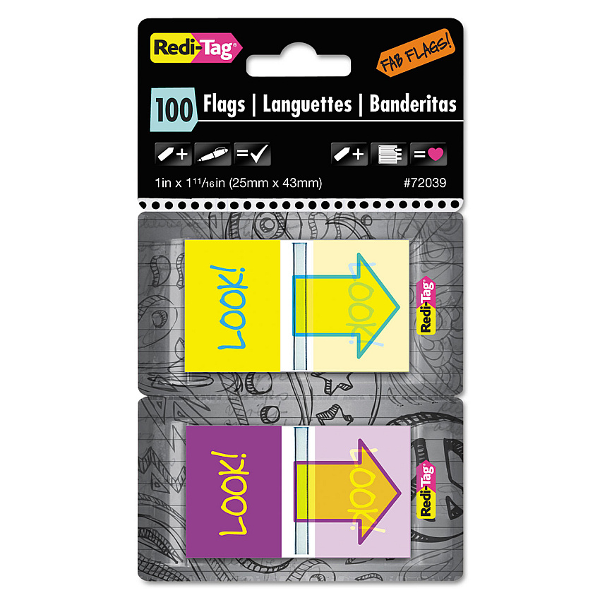 Redi-Tag Pop-Up Fab Page Flags w/Dispenser, "Look!", Purple/Yellow; Yellow/Teal, 100/Pack (72039)