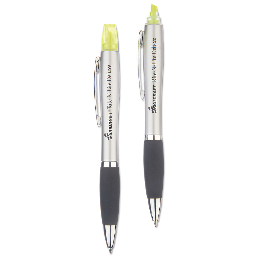 AbilityOne 7520016205405 SKILCRAFT Rite-N-Lite Deluxe, Fluorescent Yellow/Black Ink, Chisel/Conical Tips, Silver/Black Barrel, 2/Pack