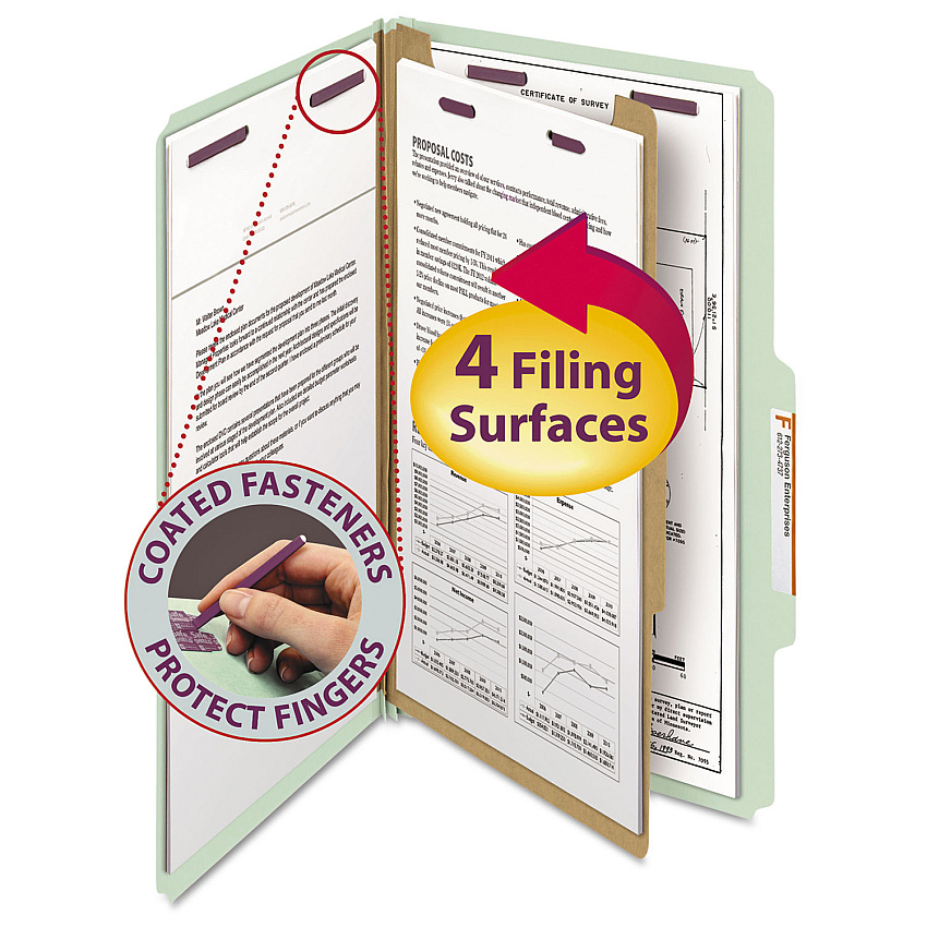 Smead Pressboard Classification Folders with SafeSHIELD Coated Fasteners, 2/5 Cut, 1 Divider, Legal Size, Gray-Green, 10/Box (18776)