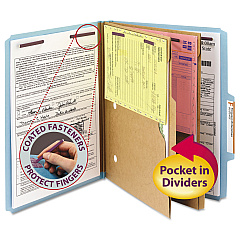 Smead 6-Section Pressboard Top Tab Pocket-Style Classification Folders with SafeSHIELD Fasteners, 2 Dividers, Letter, Blue, 10/Box (14081)