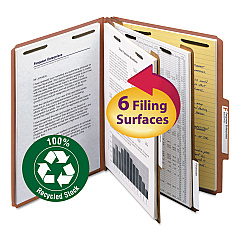 Smead Recycled Pressboard Classification Folders, 2" Expansion, 2 Dividers, 6 Fasteners, Letter Size, Red Exterior, 10/Box (14024)