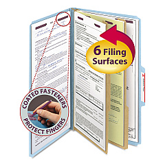 Smead Six-Section Pressboard Top Tab Classification Folders with SafeSHIELD Fasteners, 2 Dividers, Legal Size, Blue, 10/Box (19030)
