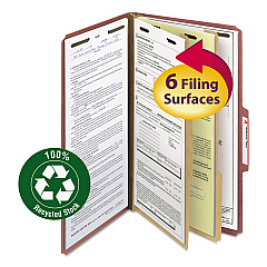 Smead 100% Recycled Pressboard Classification Folders, 2 Dividers, Legal Size, Red, 10/Box (19023)