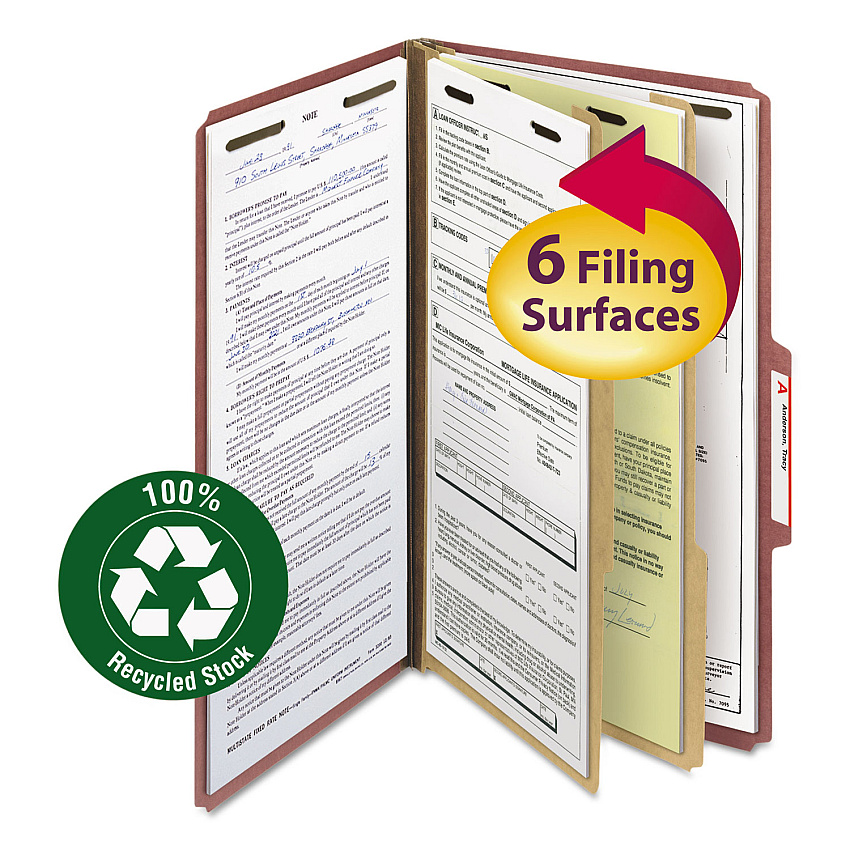 Smead 100% Recycled Pressboard Classification Folders, 2 Dividers, Legal Size, Red, 10/Box (19023)