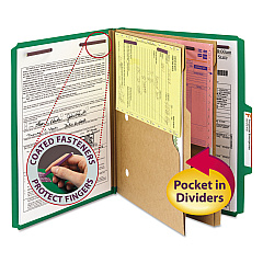 Smead 6-Section Pressboard Top Tab Pocket-Style Classification Folders with SafeSHIELD Fasteners, 2 Dividers, Letter, Green, 10/Box (14083)