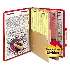 Smead 6-Section Pressboard Top Tab Pocket-Style Classification Folders with SafeSHIELD Fasteners, 2 Dividers, Letter, Red, 10/Box (14082)