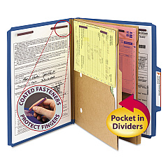 Smead 6-Section Pressboard Top Tab Pocket-Style Classification Folders with SafeSHIELD Fasteners, 2 Dividers, Letter, Blue, 10/Box (14077)