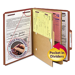 Smead 6-Section Pressboard Top Tab Pocket-Style Classification Folders with SafeSHIELD Fasteners, 2 Dividers, Letter, Red, 10/Box (14079)