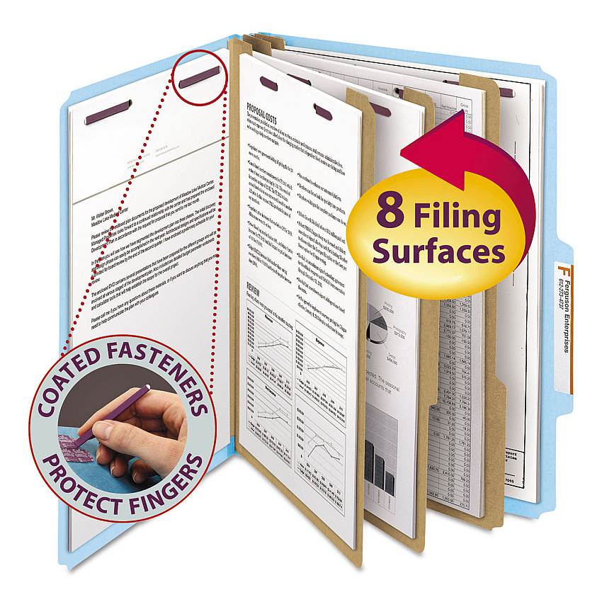 Smead Eight-Section Pressboard Top Tab Classification Folders with SafeSHIELD Fasteners, 3 Dividers, Letter Size, Blue, 10/Box (14094)