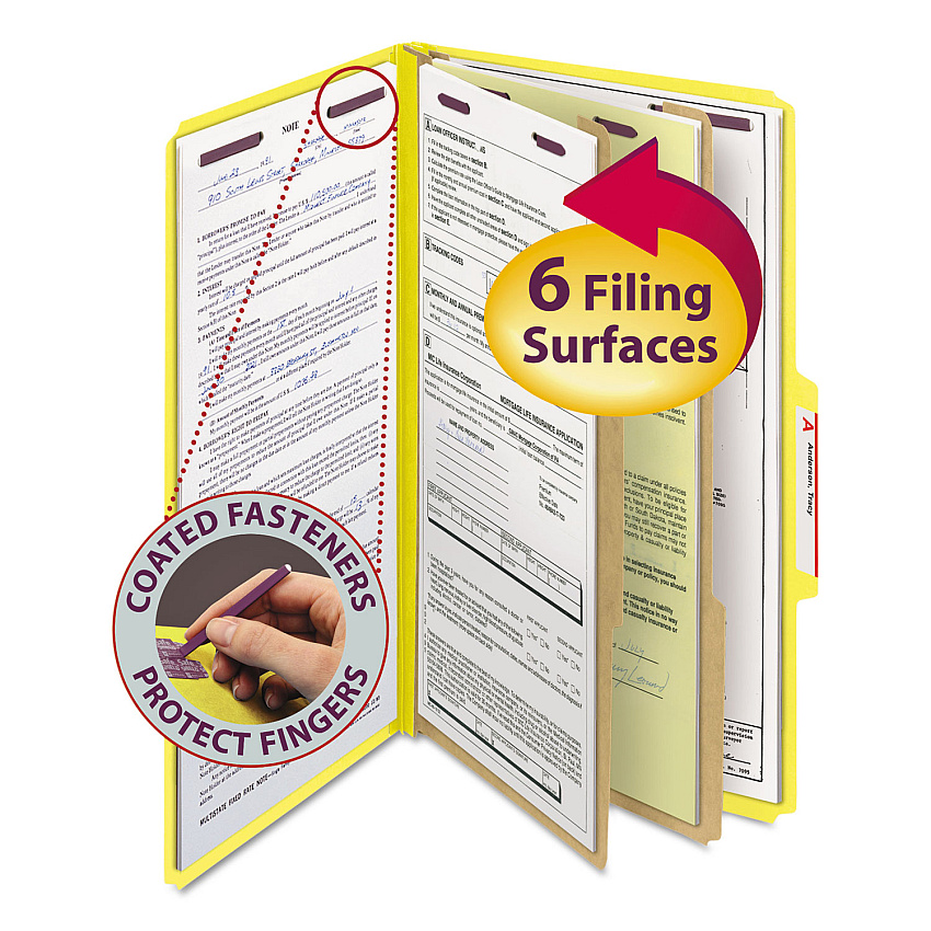 Smead Six-Section Pressboard Top Tab Classification Folders with SafeSHIELD Fasteners, 2 Dividers, Legal Size, Yellow, 10/Box (19034)