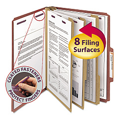 Smead Pressboard Classification Folders with SafeSHIELD Coated Fasteners, 2/5 Cut, 3 Dividers, Letter Size, Red, 10/Box (14092)