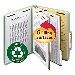 Smead Six-Section Pressboard Top Tab Classification Folders with SafeSHIELD Fasteners, 2 Dividers, Letter Size, Bright Red, 10/Box (14031)