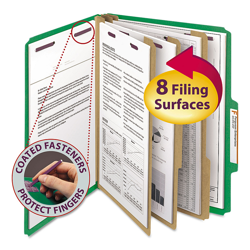 Smead Eight-Section Pressboard Top Tab Classification Folders with SafeSHIELD Fasteners, 3 Dividers, Letter Size, Green, 10/Box (14097)