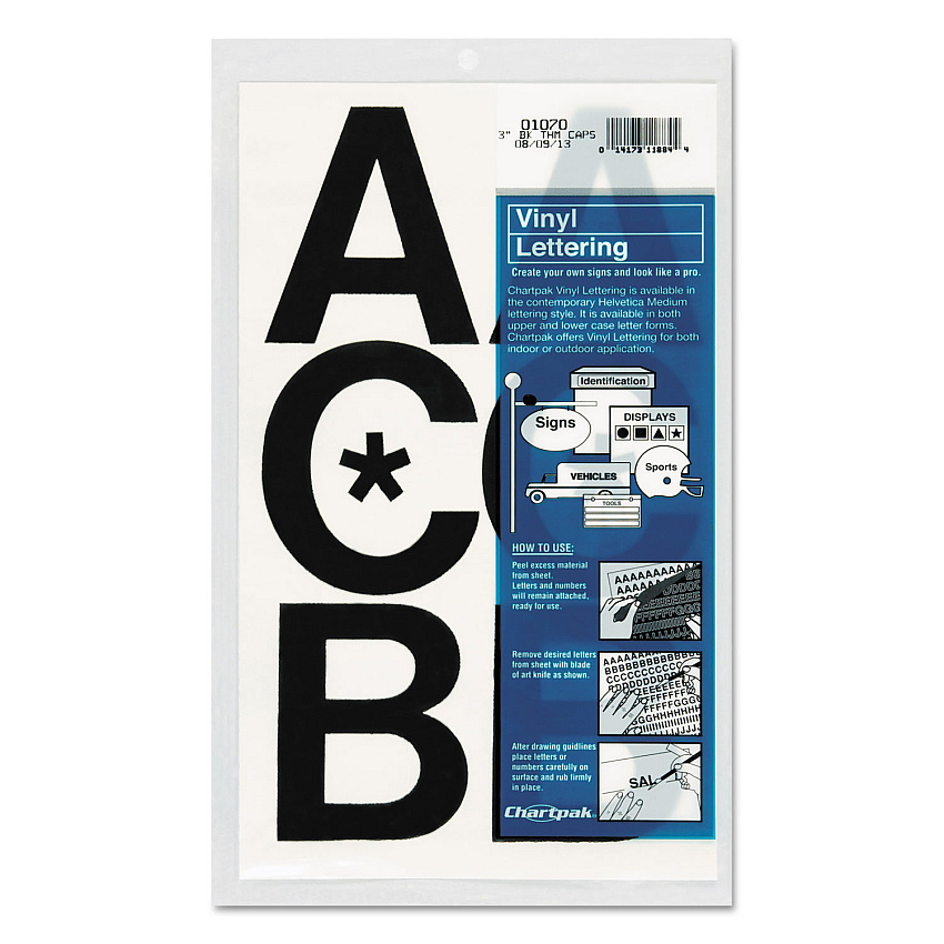 Chartpak Press-On Vinyl Uppercase Letters, Self Adhesive, Black, 3"h, 50/Pack (01070)