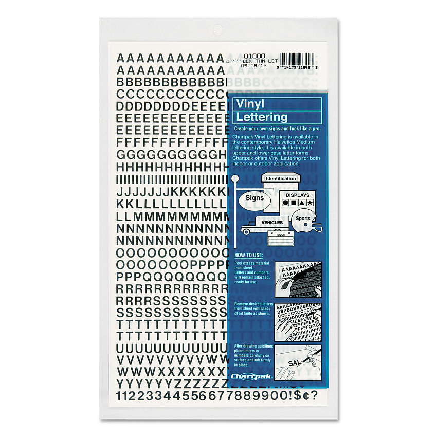 Chartpak Press-On Vinyl Letters and Numbers, Self Adhesive, Black, 1/4"h, 610/Pack (01000)