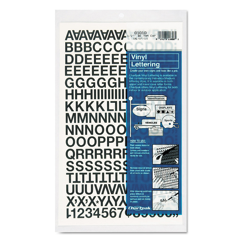 Chartpak Press-On Vinyl Letters and Numbers, Self Adhesive, Black, 1/2"h, 201/Pack (01010)