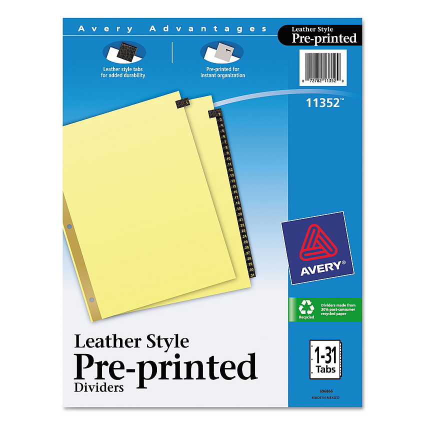 Avery Preprinted Black Leather Tab Dividers w/Gold Reinforced Edge, 31-Tab, Ltr (11352)