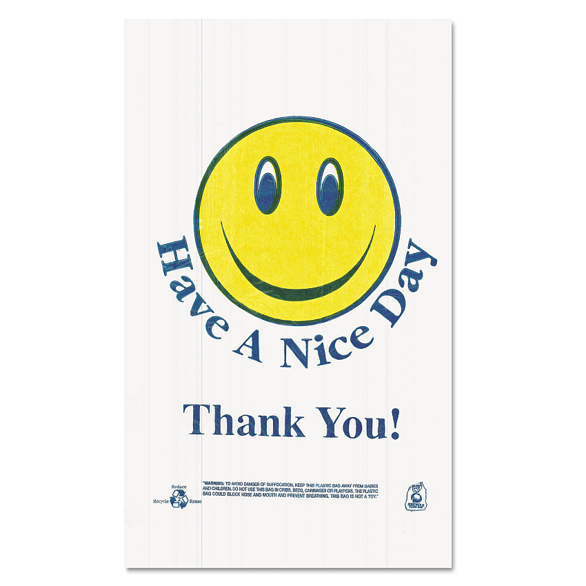 Barnes Paper Company Smiley Face Shopping Bags, 12.5 microns, 11.5" x 21", White, 900/Carton (T16SMILEY)