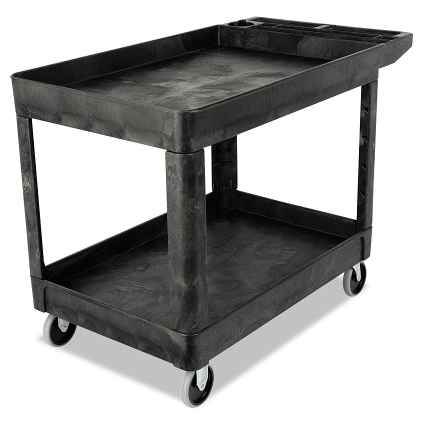 Rubbermaid Commercial Heavy-Duty Utility Cart with Lipped Shelves, Plastic, 2 Shelves, 500 lb Capacity, 25.78" x 45.25" x 33.25", Black (452089BLA)