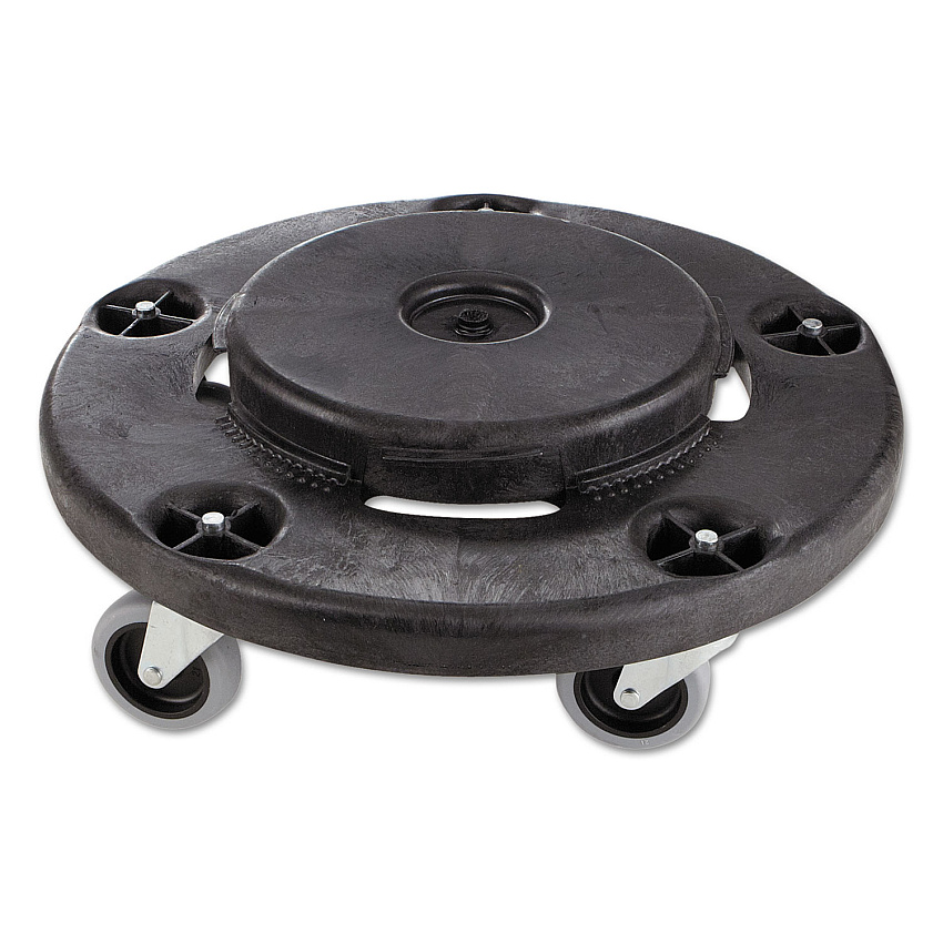 Rubbermaid Commercial Brute Round Twist On/Off Dolly, 250 lb Capacity, 18" dia x 6.63"h, Fits 20-55 Gallon BRUTE Containers, Black (264000BK)