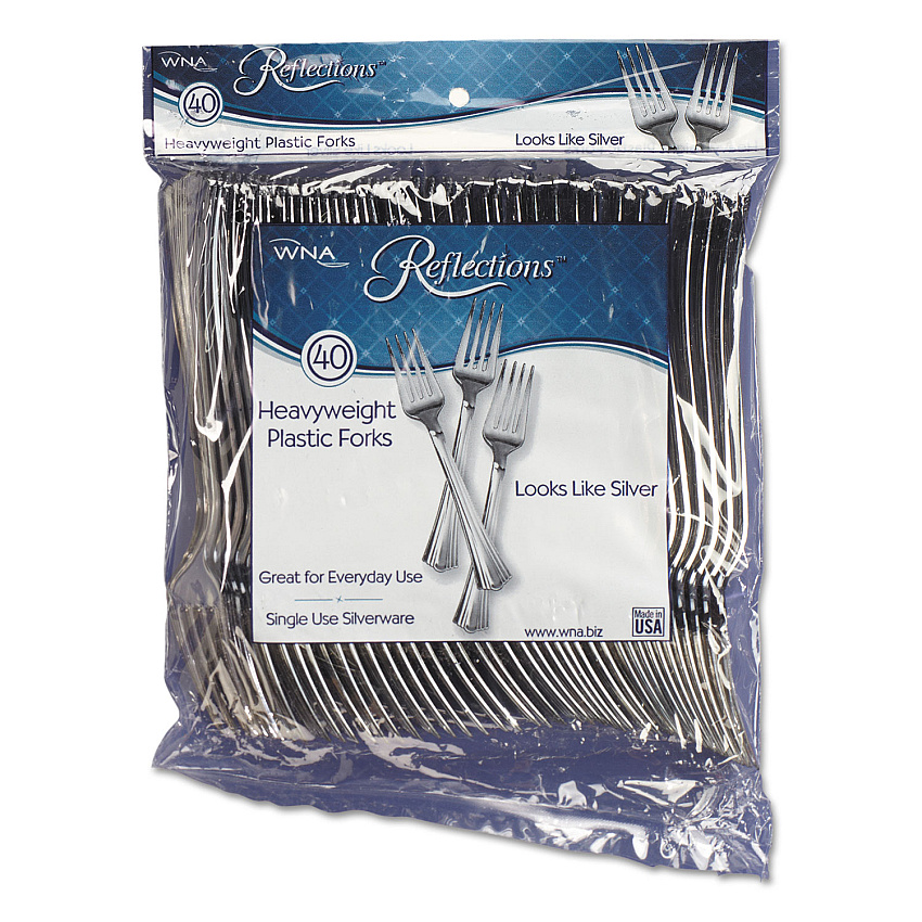 WNA Reflections Heavyweight Plastic Utensils, Fork, Silver, 7", 40/pack (REF320FKPK)