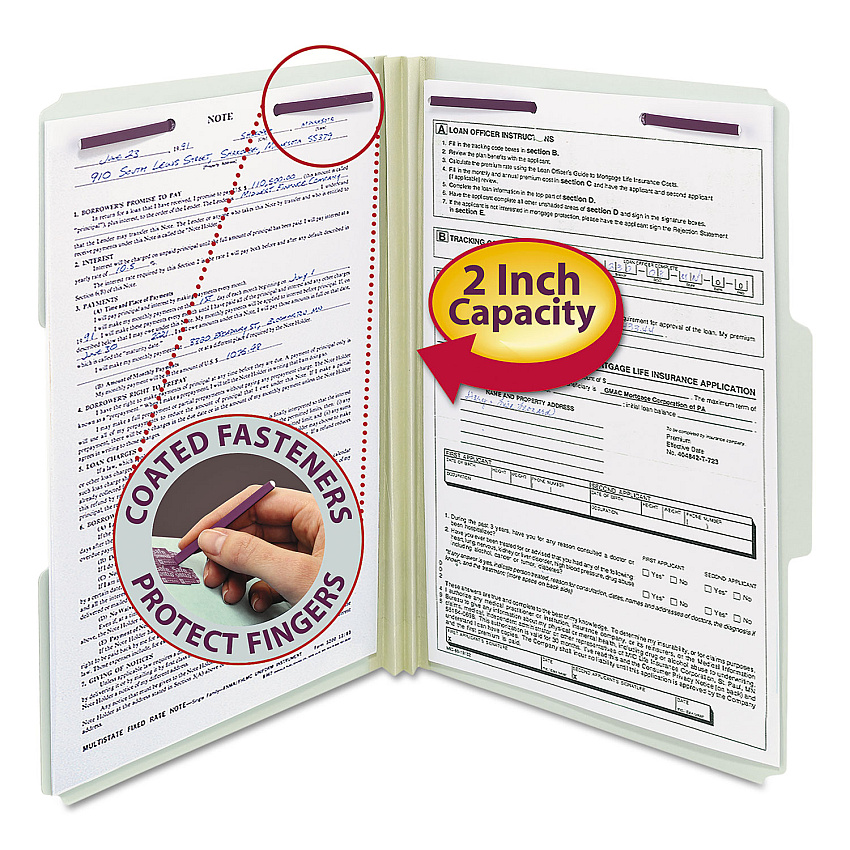 Smead Recycled Pressboard Folders with Two SafeSHIELD Coated Fasteners, 2" Expansion, 1/3-Cut Tabs, Legal Size, Gray-Green, 25/Box (19934)