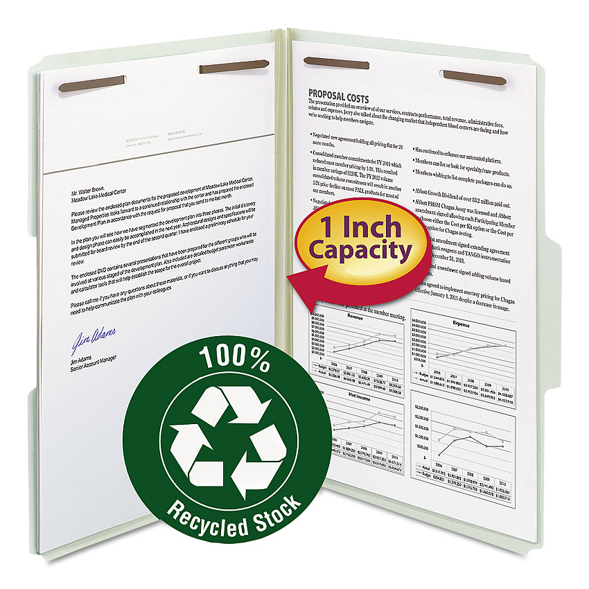 Smead 100% Recycled Pressboard Fastener Folders, Legal Size, 1" Expansion, Gray-Green, 25/Box (20003)