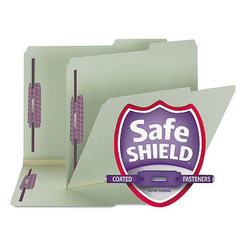 Smead Recycled Pressboard Folders with Two SafeSHIELD Coated Fasteners, 2" Expansion, 2/5-Cut: Right, Letter, Gray-Green, 25/Box (14920)