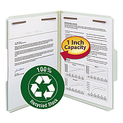 Smead 100% Recycled Pressboard Fastener Folders, Letter Size, 1" Expansion, Gray-Green, 25/Box (15003)