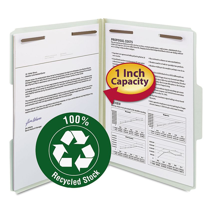 Smead 100% Recycled Pressboard Fastener Folders, Letter Size, 1" Expansion, Gray-Green, 25/Box (15003)